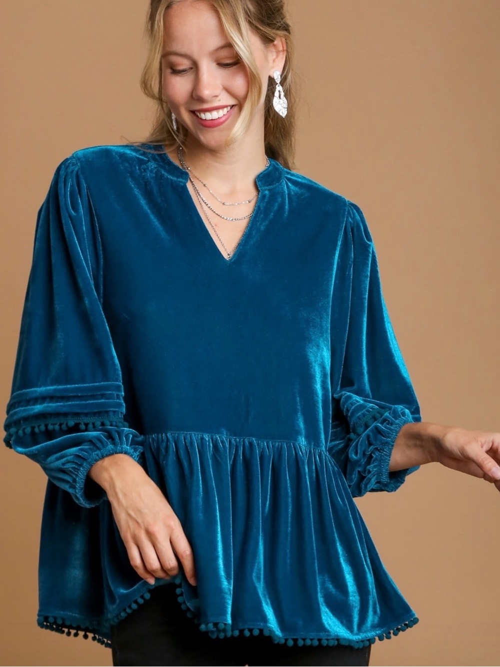 Umgee Babydoll, Teal Velvet, High/Low, XL Button Up Balloon Sleeve Boho Pom Pom